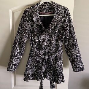 Sandro studio Zebra print ruffled neck jacket with tie belt